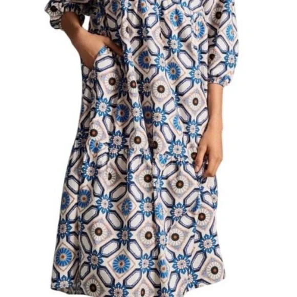 Anthropologie Geometric Blue and White Long Sleeve Dress - Picture 2 of 8